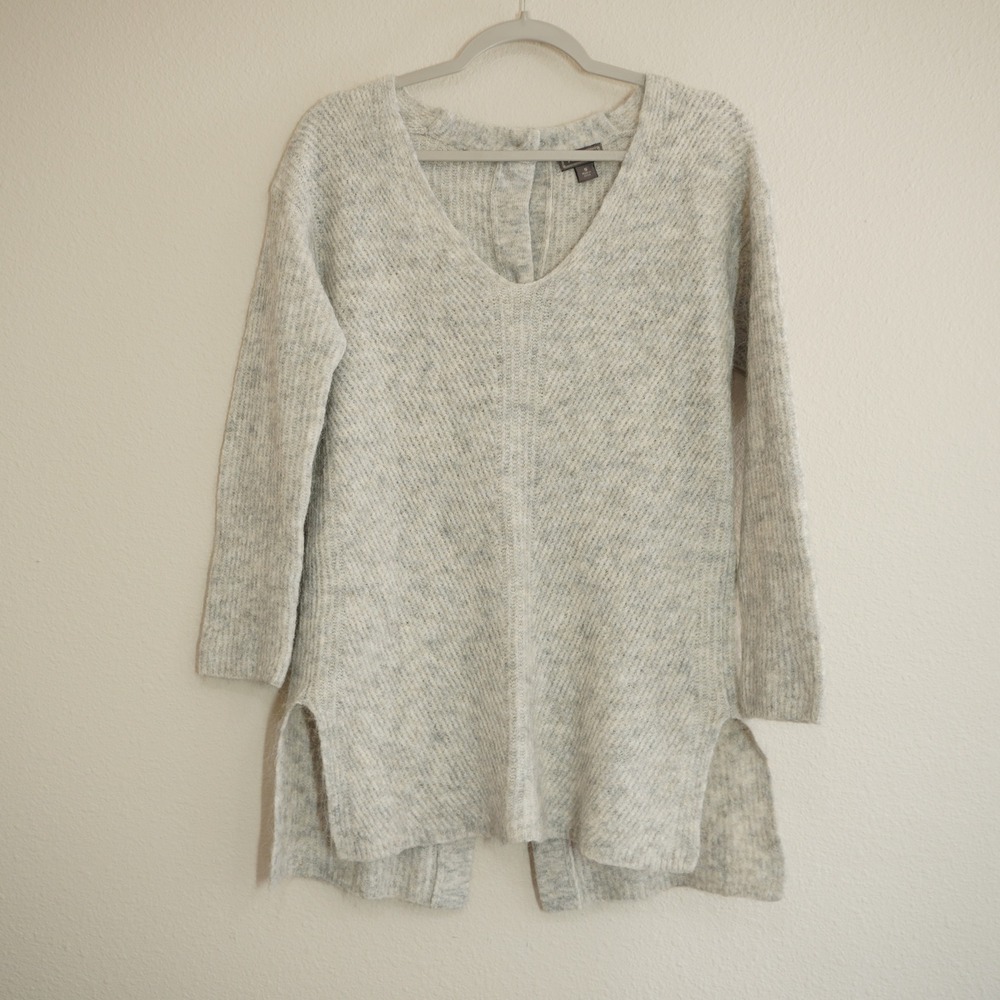 Point Sur J. Crew V-Neck Sweater Grey Alpaca Blend Button Back Coastal Cozy Soft
